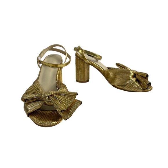 Unbranded Women's Gold Lame Bow Pleated Block Heeled Sandals Sz 42 - Picture 2 of 10